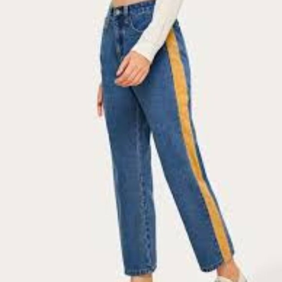 Bershka Mom High Rise Raw Hem Stripe  Jeans - Picture 1 of 9